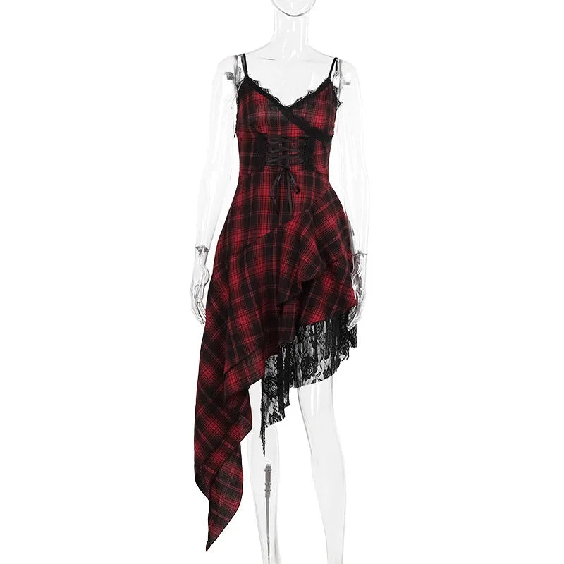 Plaid Print Strap Dress With Irregular Cut