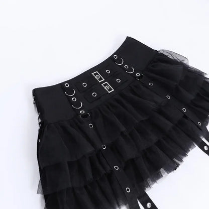 Black Mesh Eyelet Ribbon Mini Skirt