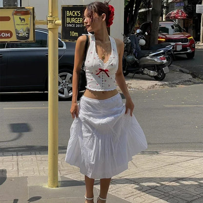 White Cherry Print Halter Crop Top