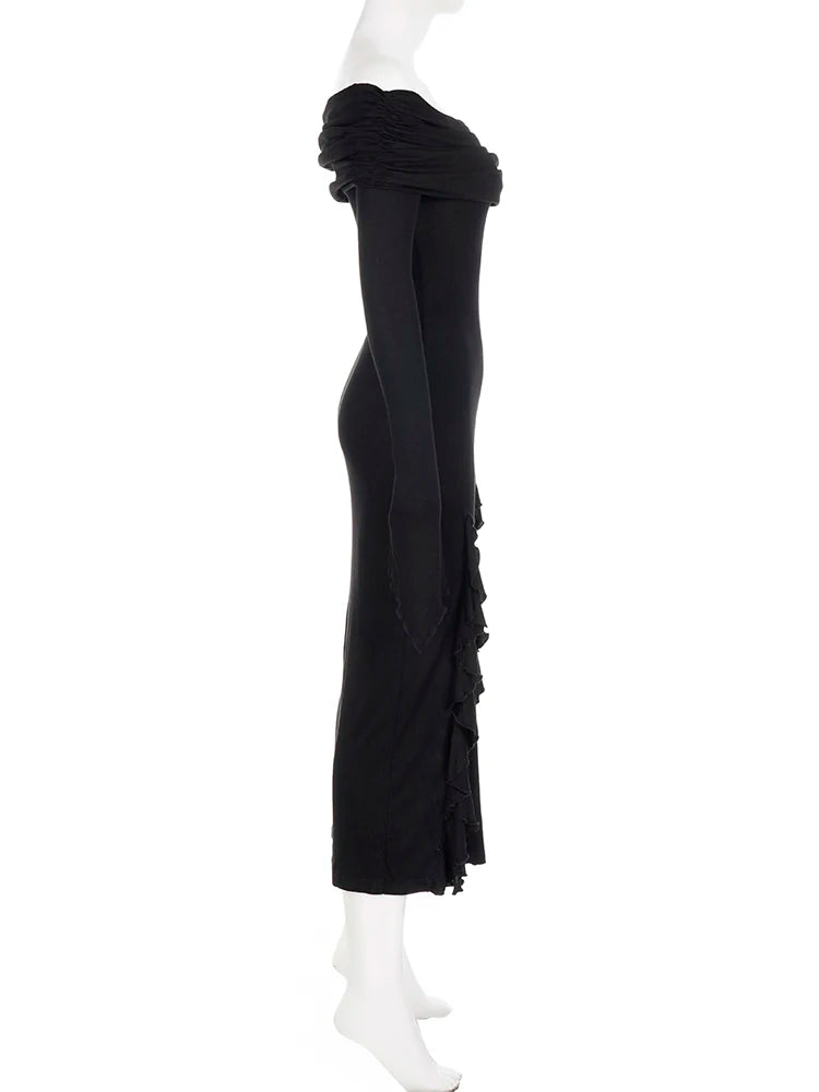 Black Ruffle Long Split Dress