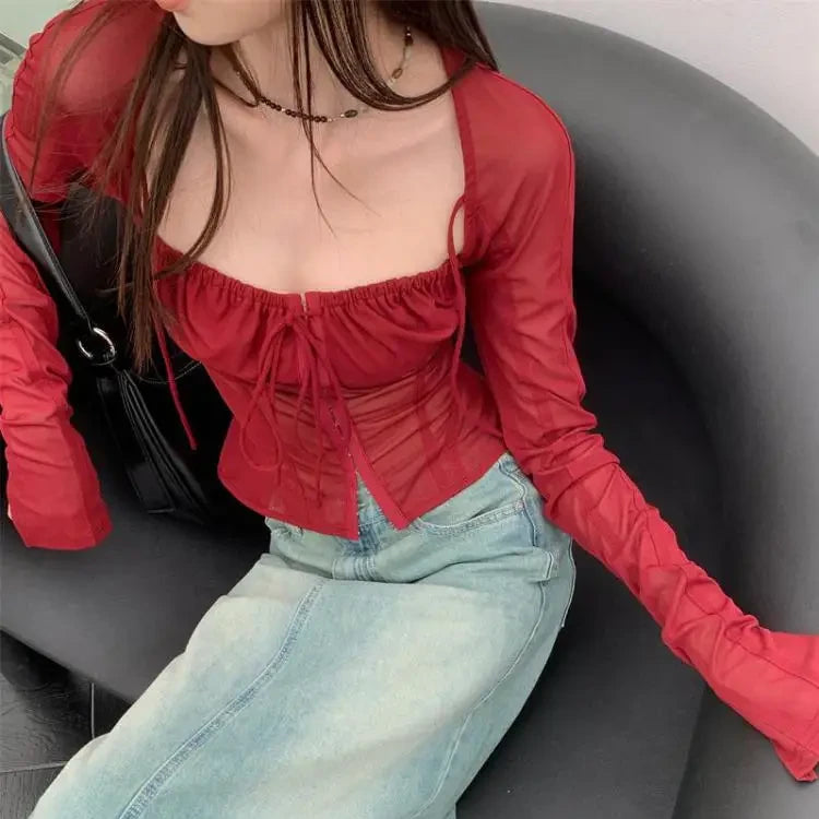 Burgundy Long Sleeve Lace Up Square Collar Top