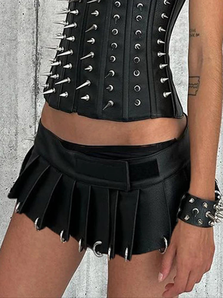 Black Metal Ring Buckle Pleated Leather Skirt