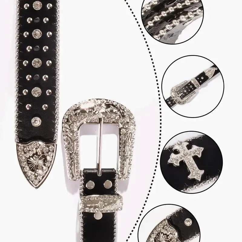 Black Rhinestone Buckle Cross Engraved Belt