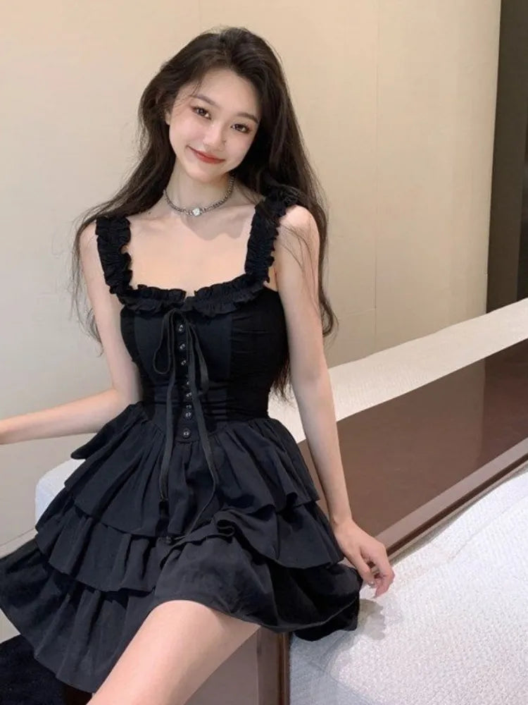 Black Sexy Slip Ruffles Dress