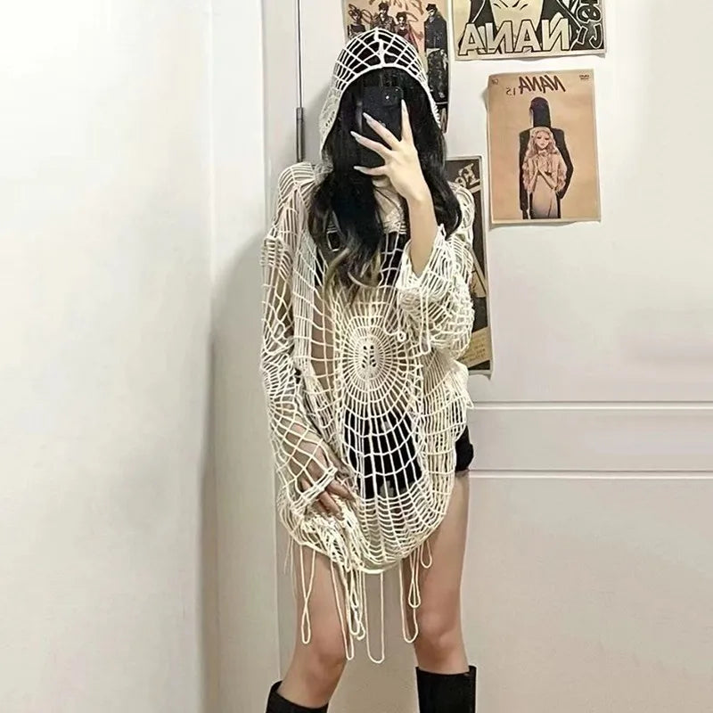 Beige Spider Web Hooded Knitwear Top