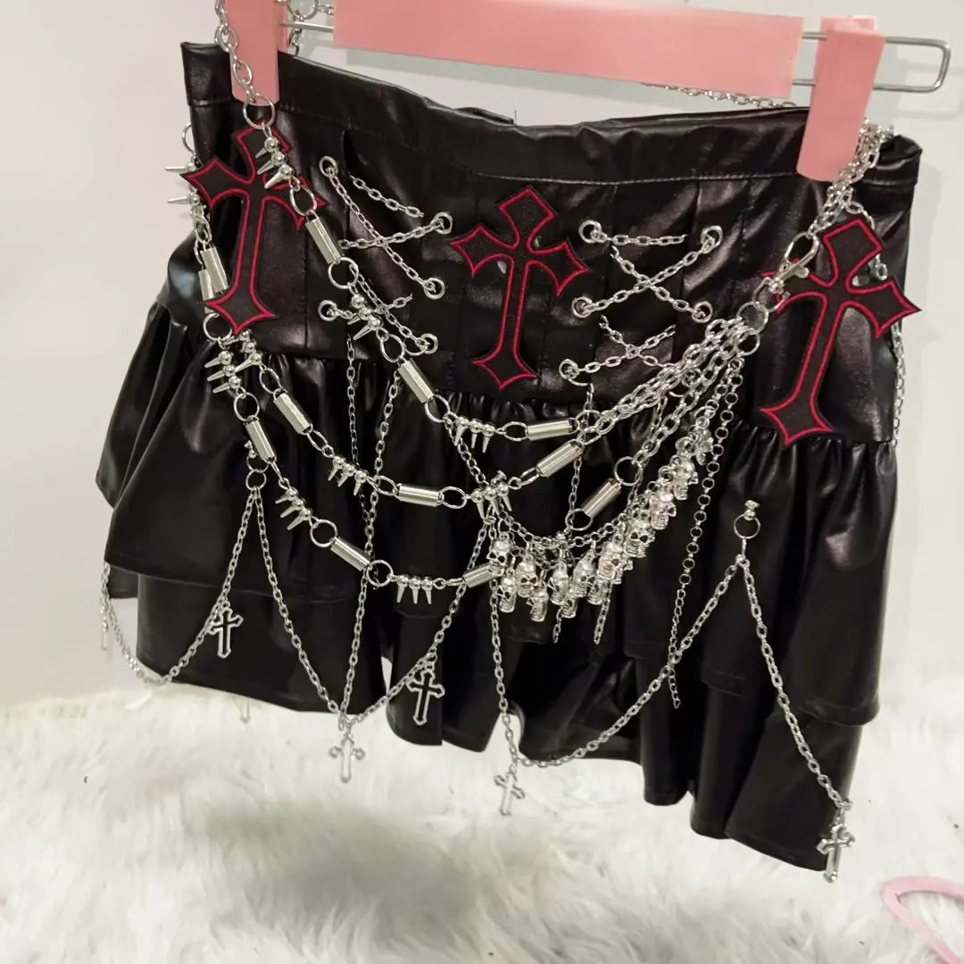 Faux Leather Cross Short Skirt with Chains