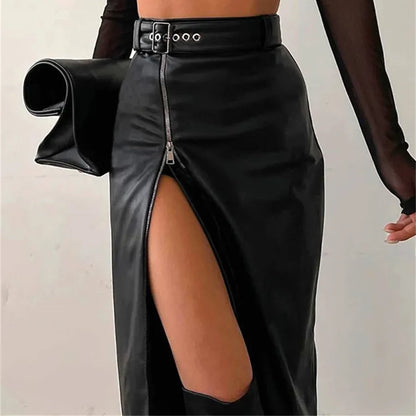 Black PU Leather High Waist Pencil With a Sipper Split