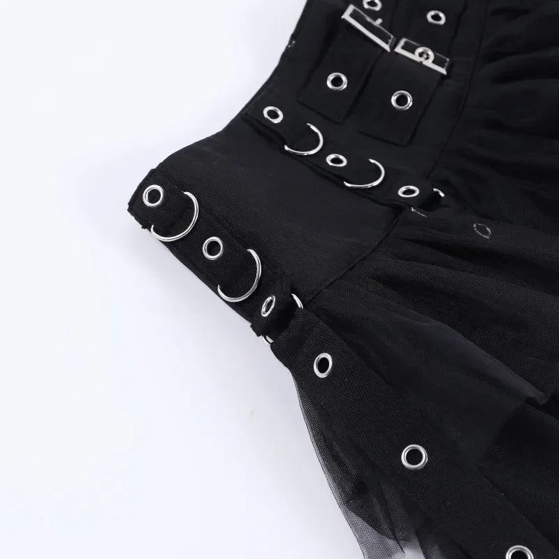 Black Mesh Eyelet Ribbon Mini Skirt