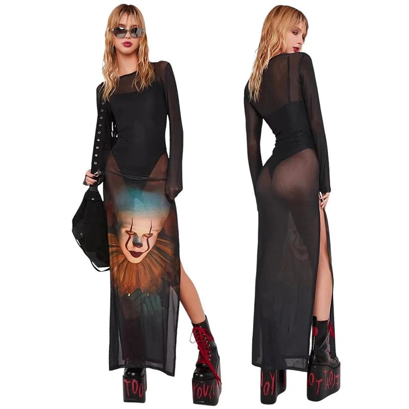 Long Split Mesh Clown Print Dress