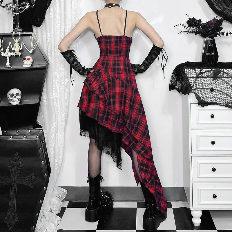 Plaid Print Strap Dress With Irregular Cut