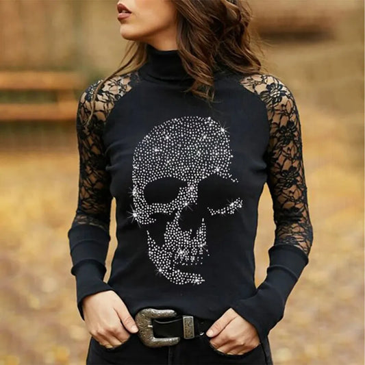 Rhinestones and Lace Long Sleeve Tops