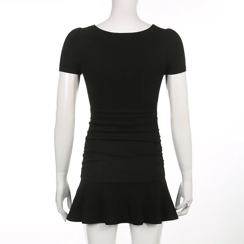 Black Square Collar Short Sleeve Dress