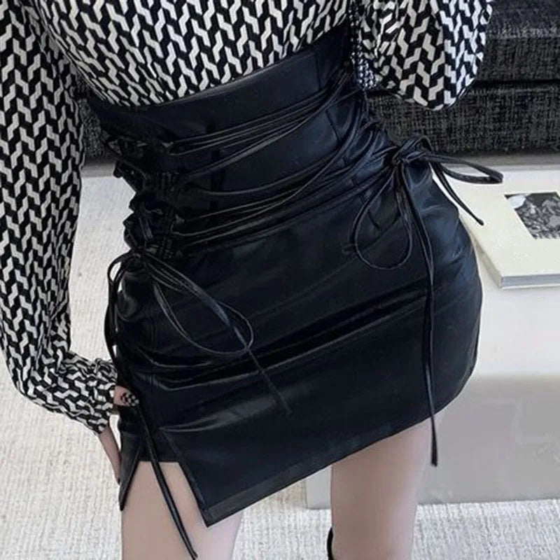 High Waist Lace Up Faux Leather Mini Skirts