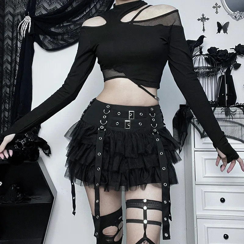 Black Mesh Eyelet Ribbon Mini Skirt