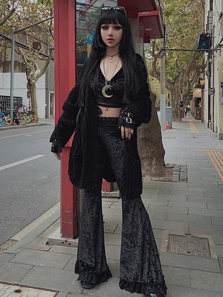 Black High Waist Velvet Flared Pants