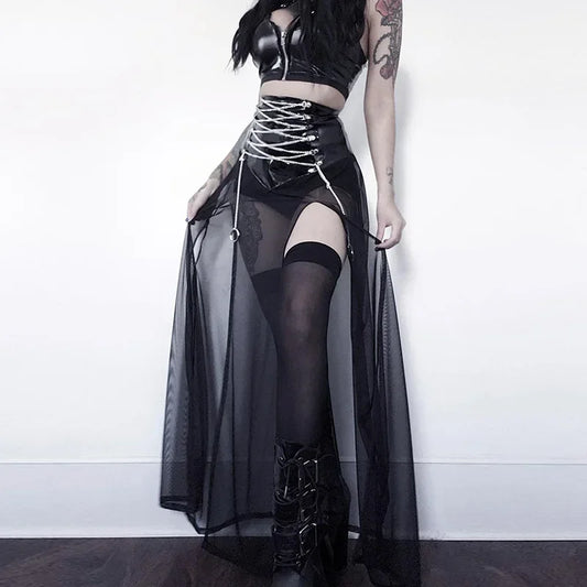 Black Mesh Strap See-Through Skirt