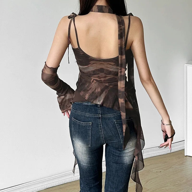 Chic Mesh Top With Inclined Shoulder