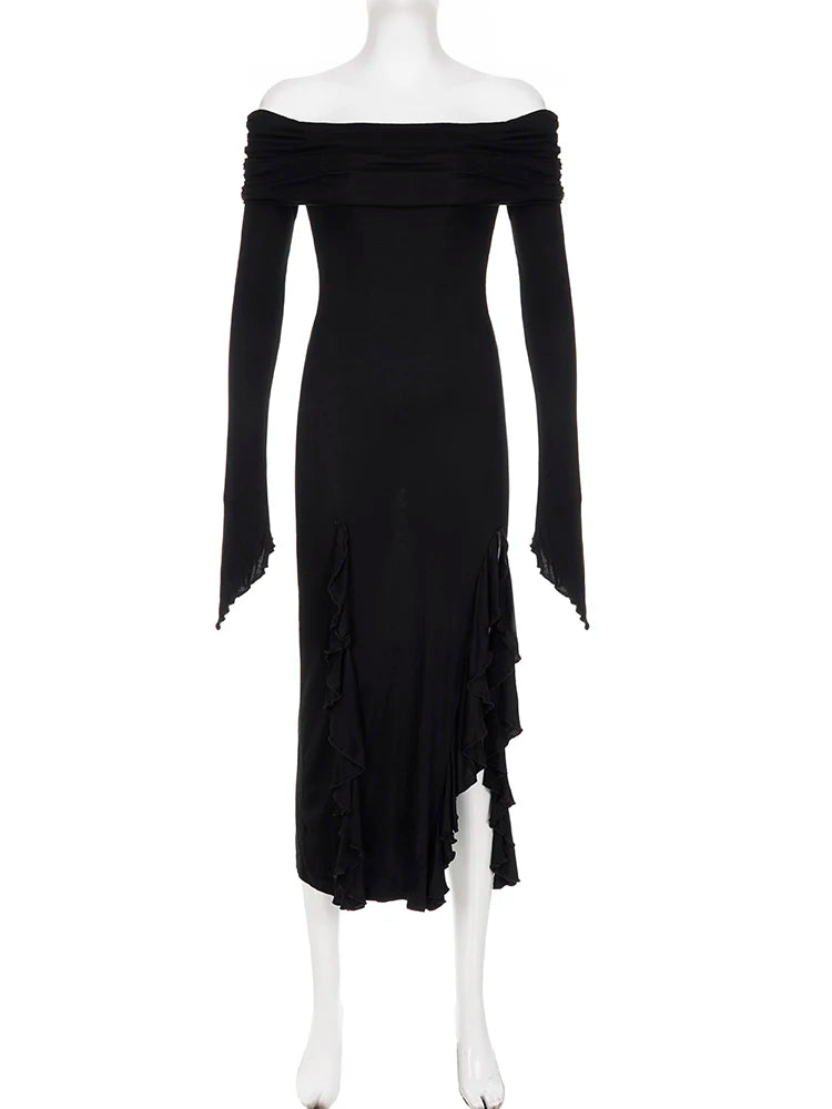 Black Ruffle Long Split Dress