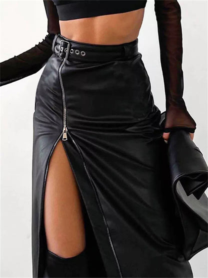 Black PU Leather High Waist Pencil With a Sipper Split