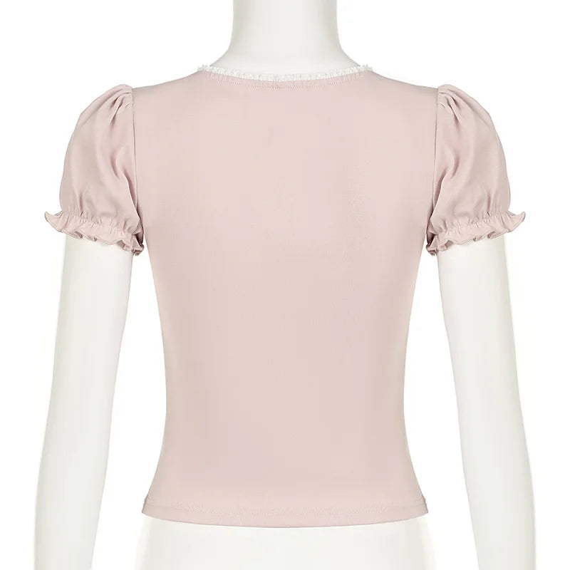 Pink Square Collar Puff Sleeve T-shirt