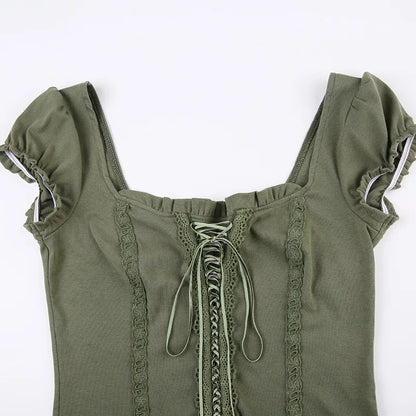 Olive Green Square Neck Lace Up Top