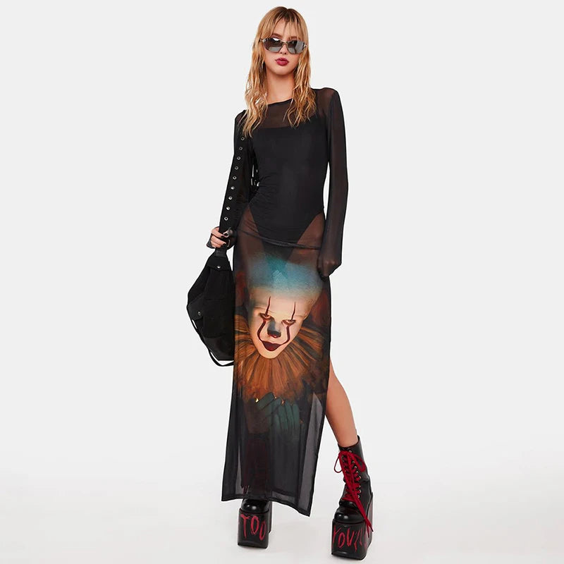 Long Split Mesh Clown Print Dress