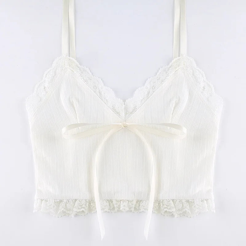 White Bow Lace Trim Crop Top