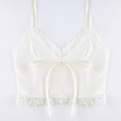 White Bow Lace Trim Crop Top