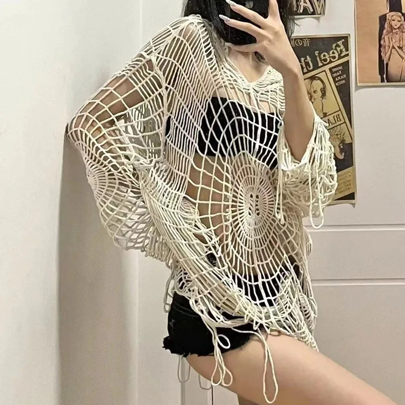 Beige Spider Web Hooded Knitwear Top