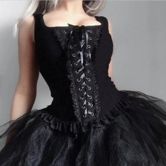 Black Square Neck Eyelet Bandage Gothic Top