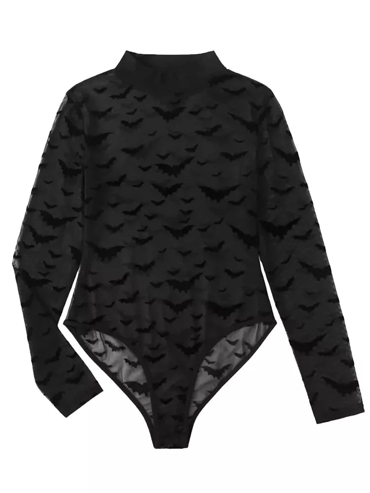 Bat Print High-neck See Through Long-sleeved Top