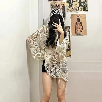 Beige Spider Web Hooded Knitwear Top