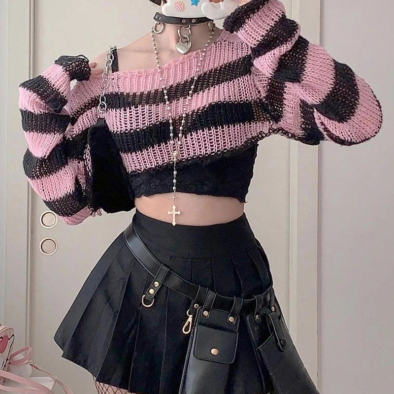 Pink Striped Cropped Sweater