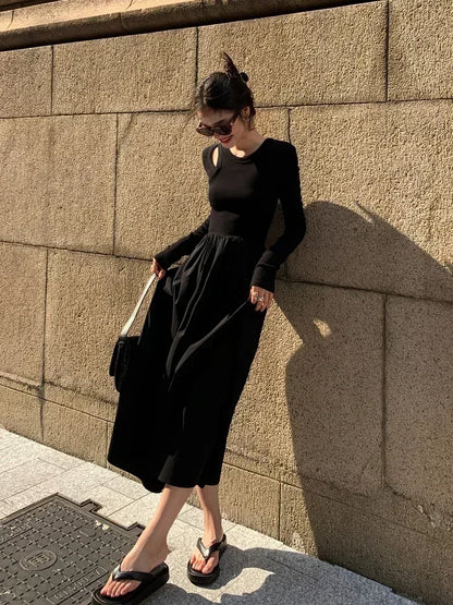 Black Vintage Knitting Maxi Dress with Pockets