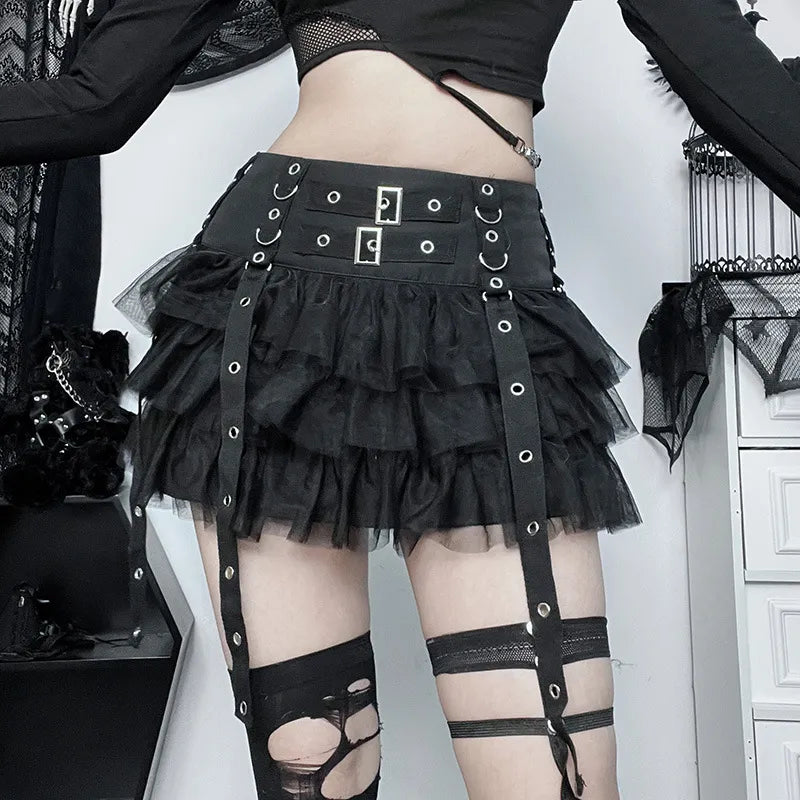 Black Mesh Eyelet Ribbon Mini Skirt