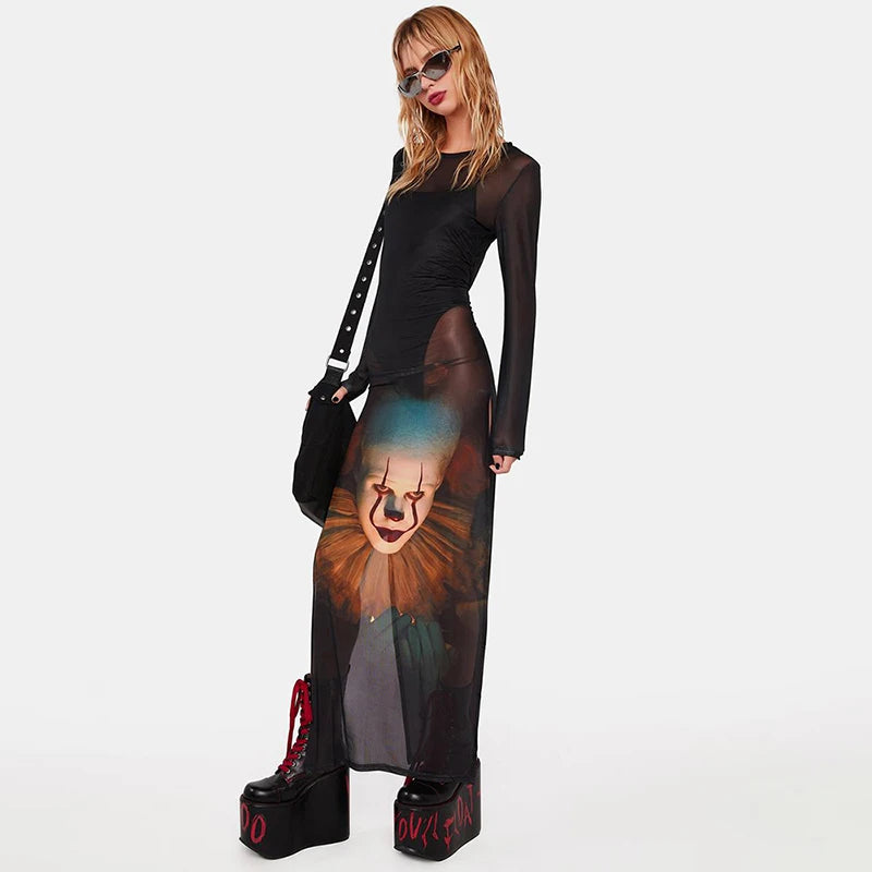 Long Split Mesh Clown Print Dress