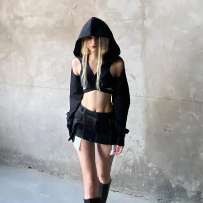 Black Hooded Long Sleeve Cut Out Crop Top