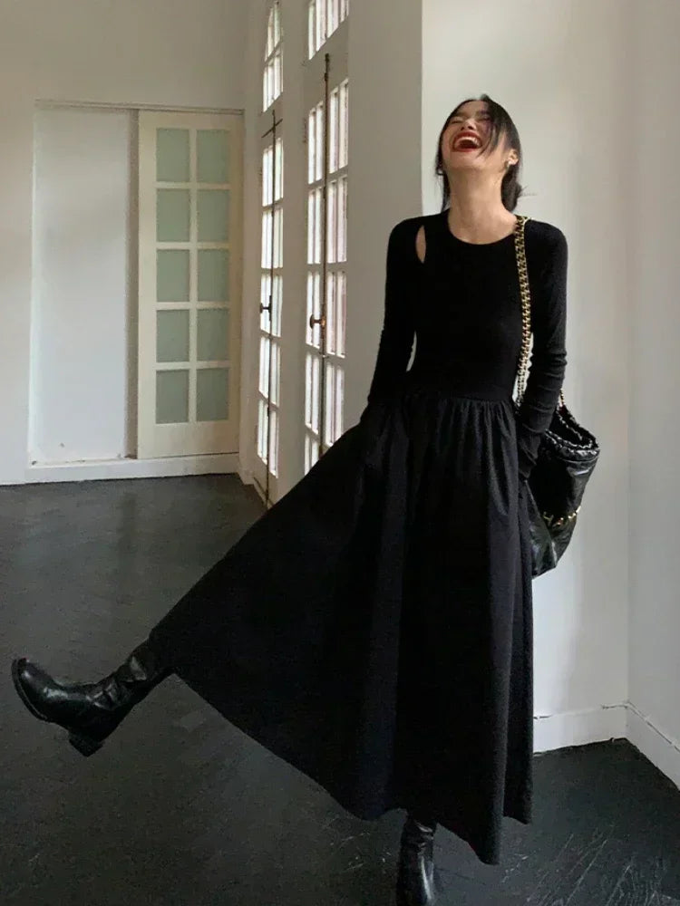 Black Vintage Knitting Maxi Dress with Pockets