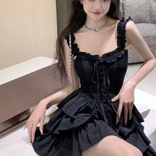 Black Sexy Slip Ruffles Dress