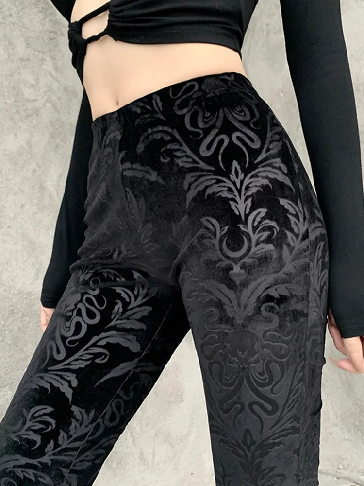 High Waist Flair Black Pants With Print