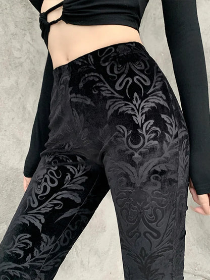 High Waist Flair Black Pants With Print