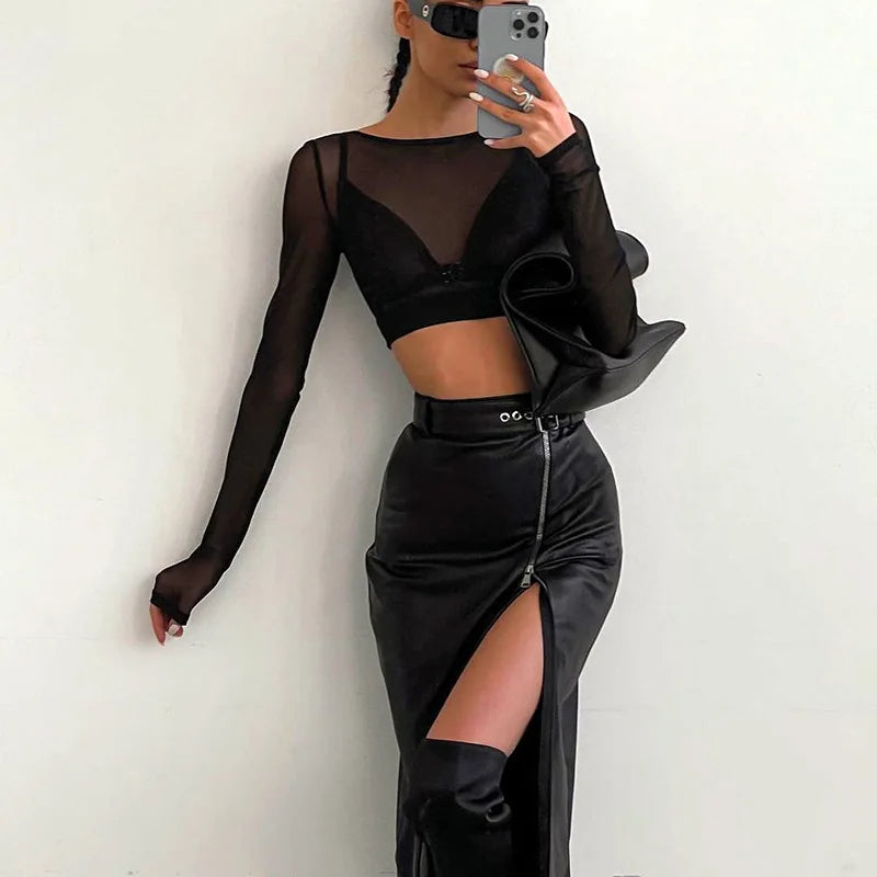 Black PU Leather High Waist Pencil With a Sipper Split