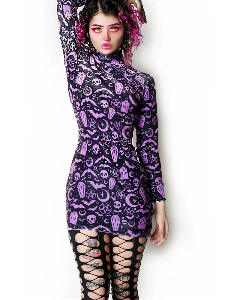 Long Sleeved Bat Skull Print Dress