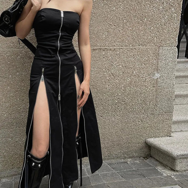 Black Strapless Zip Up Midi Dress