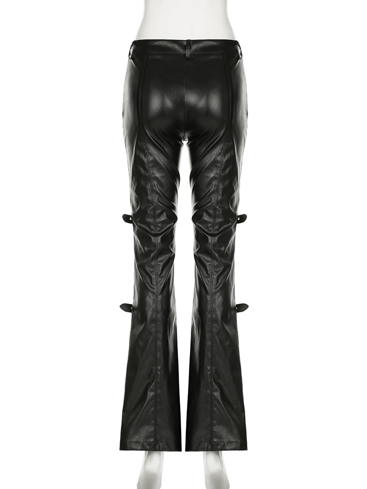 Sexy Black Patchwork PU Leather Flare Pants