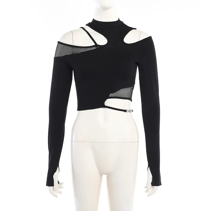 Black Cut Out Long-sleeved Crop Top