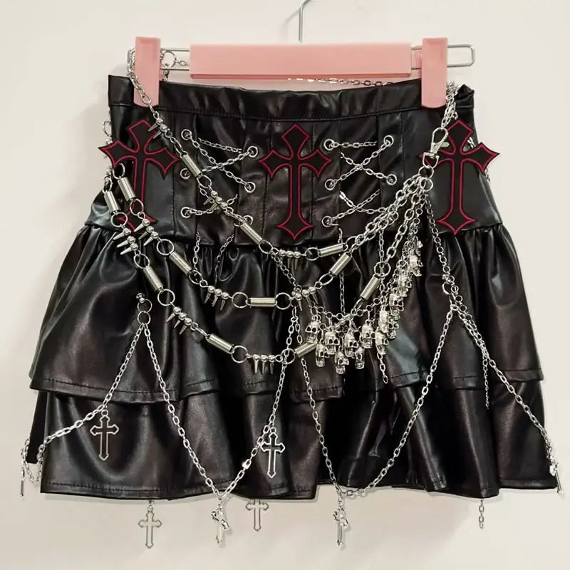 Faux Leather Cross Short Skirt with Chains