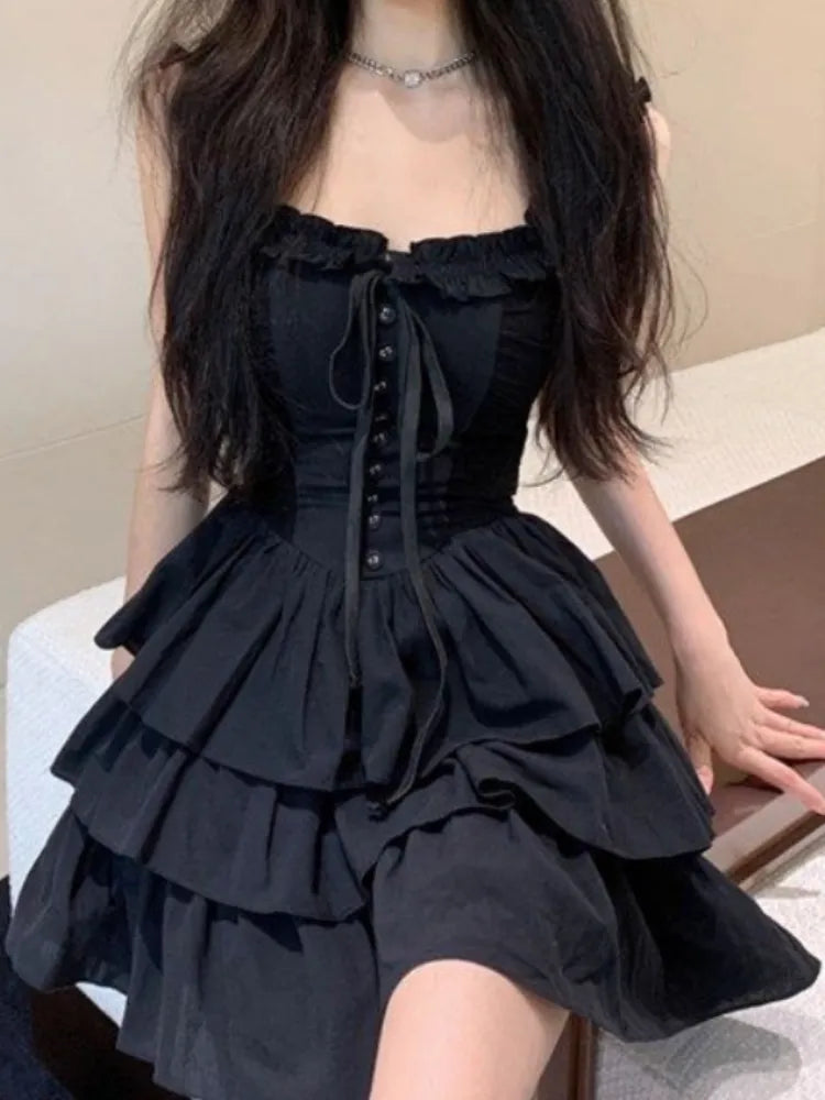 Black Sexy Slip Ruffles Dress