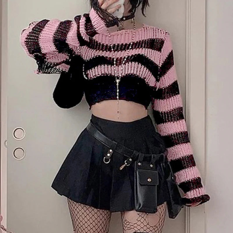 Pink Striped Cropped Sweater