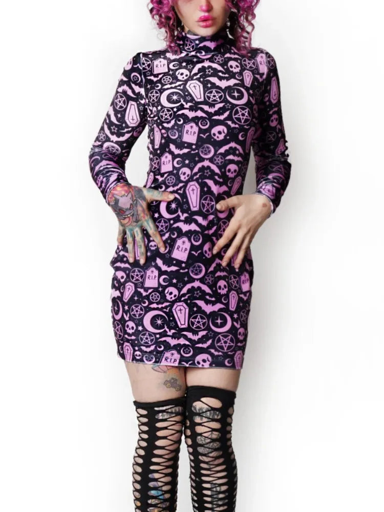 Long Sleeved Bat Skull Print Dress